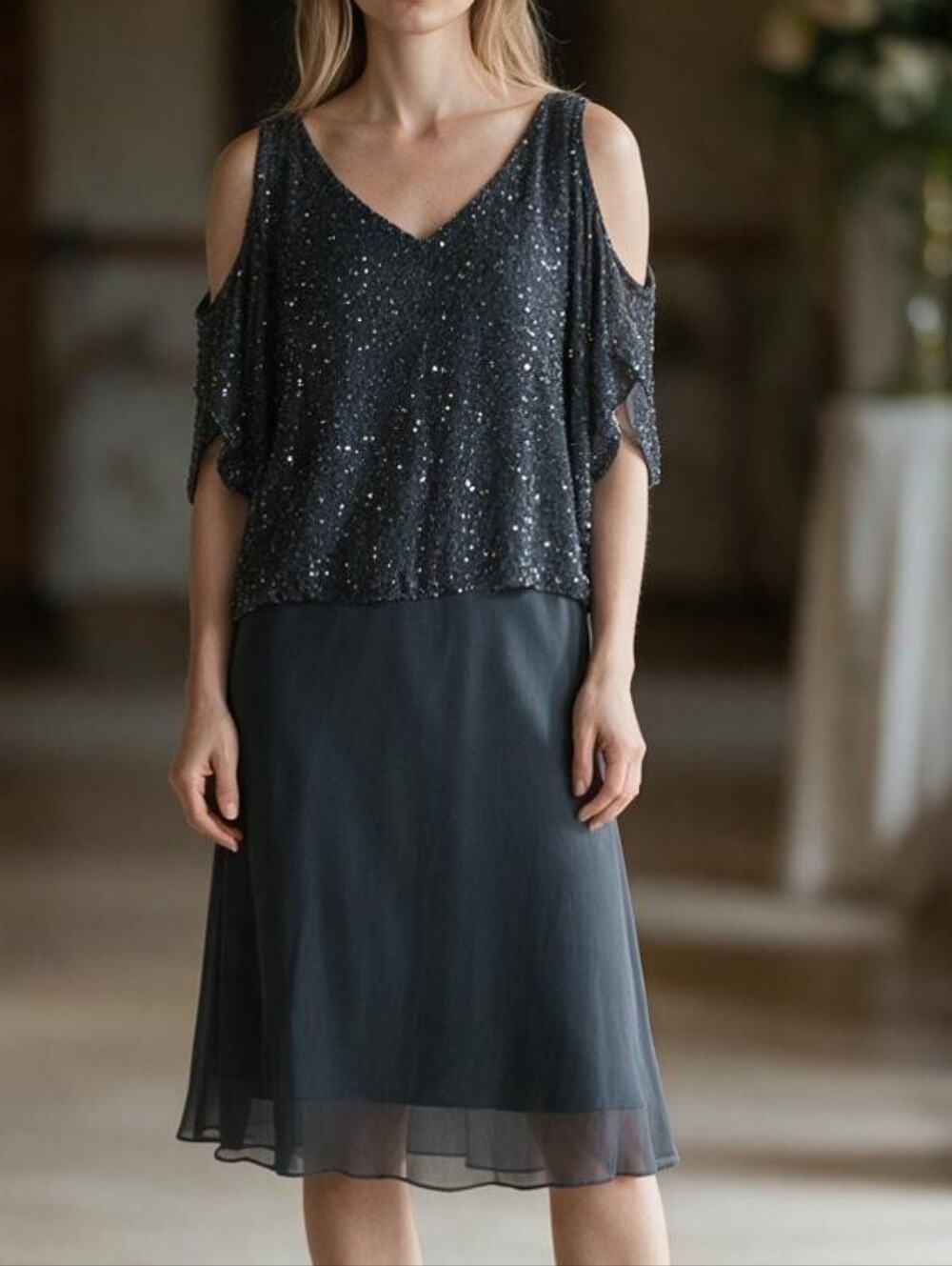 J Kara Sequin Cold Shoulder Midi Dress in Dark Gray Size 10 Like New